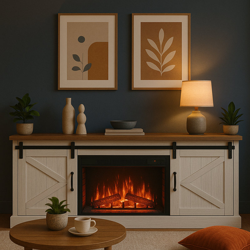 Meuble télé 67 po avec foyer électrique pour téléviseur de 75 po Deshanta, console média avec portes de grange coulissantes, minuterie et armoire de rangement en bois