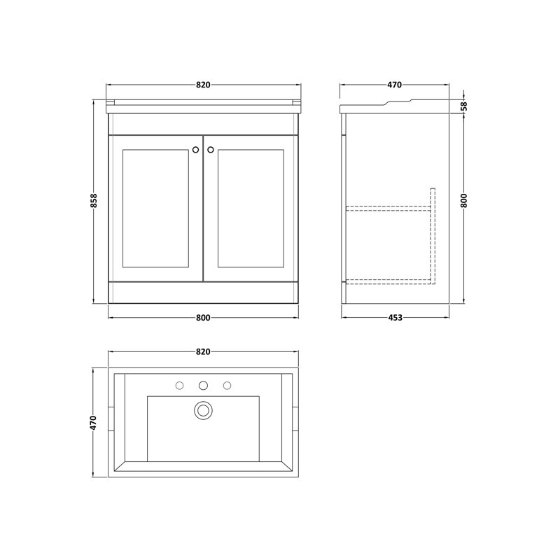 Classique 820mm Single Bathroom Vanity with Drop In Vitreous China Basin, Satin White