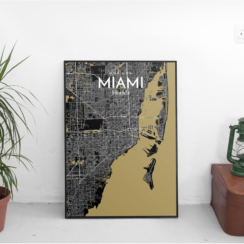 « miami city map », reproduction d’impression sur affiche luxe, H 17 po x l 11 po x P 0,05 po