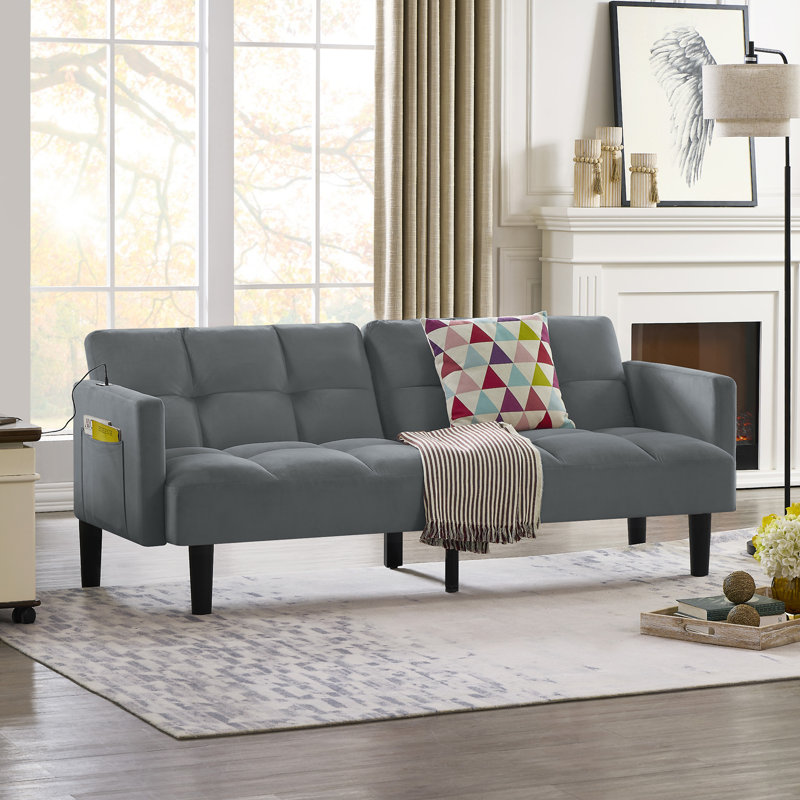 Velvet Futon Couch Convertible, Gris