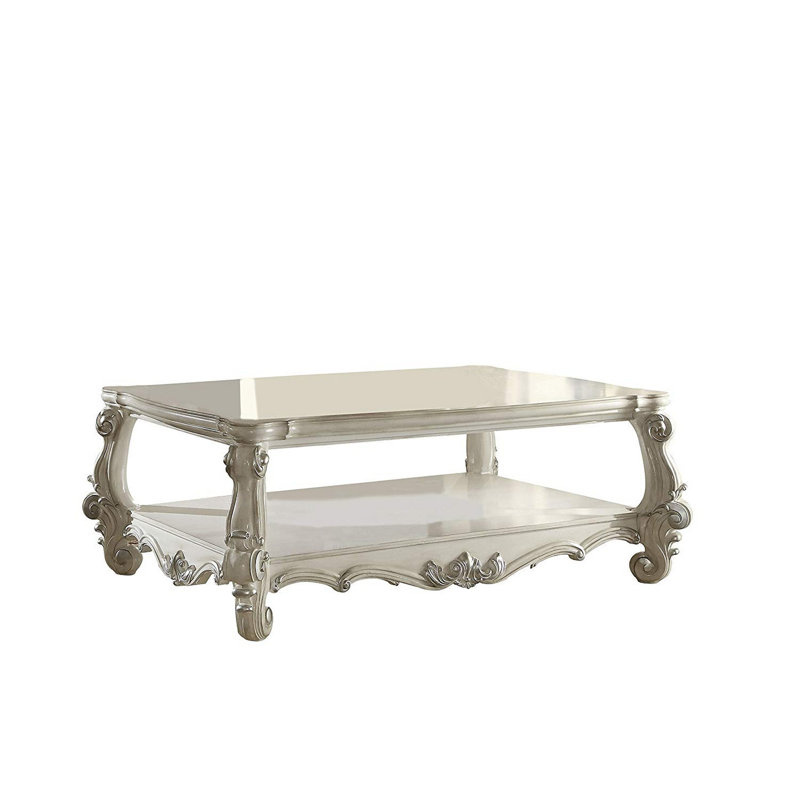 Gazella Traditional Style Wooden Coffee Table with Scrolled Legs, Bone White, White