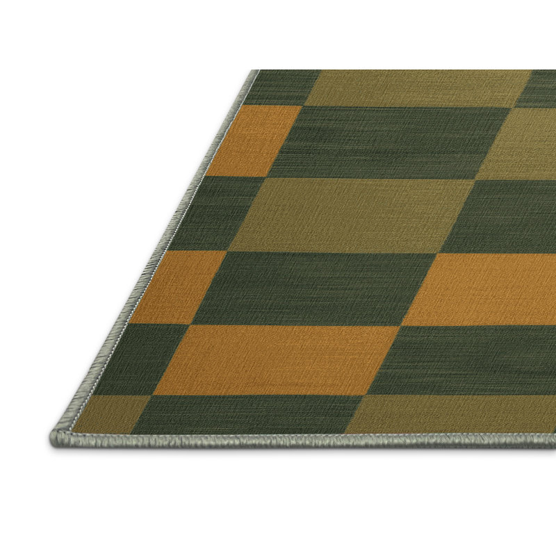 Machine Washable Checkered Green Area Rug, Square 7'
