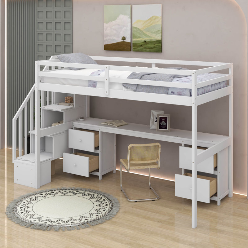 Base de lit simple avec bureau et tiroir, Blanc