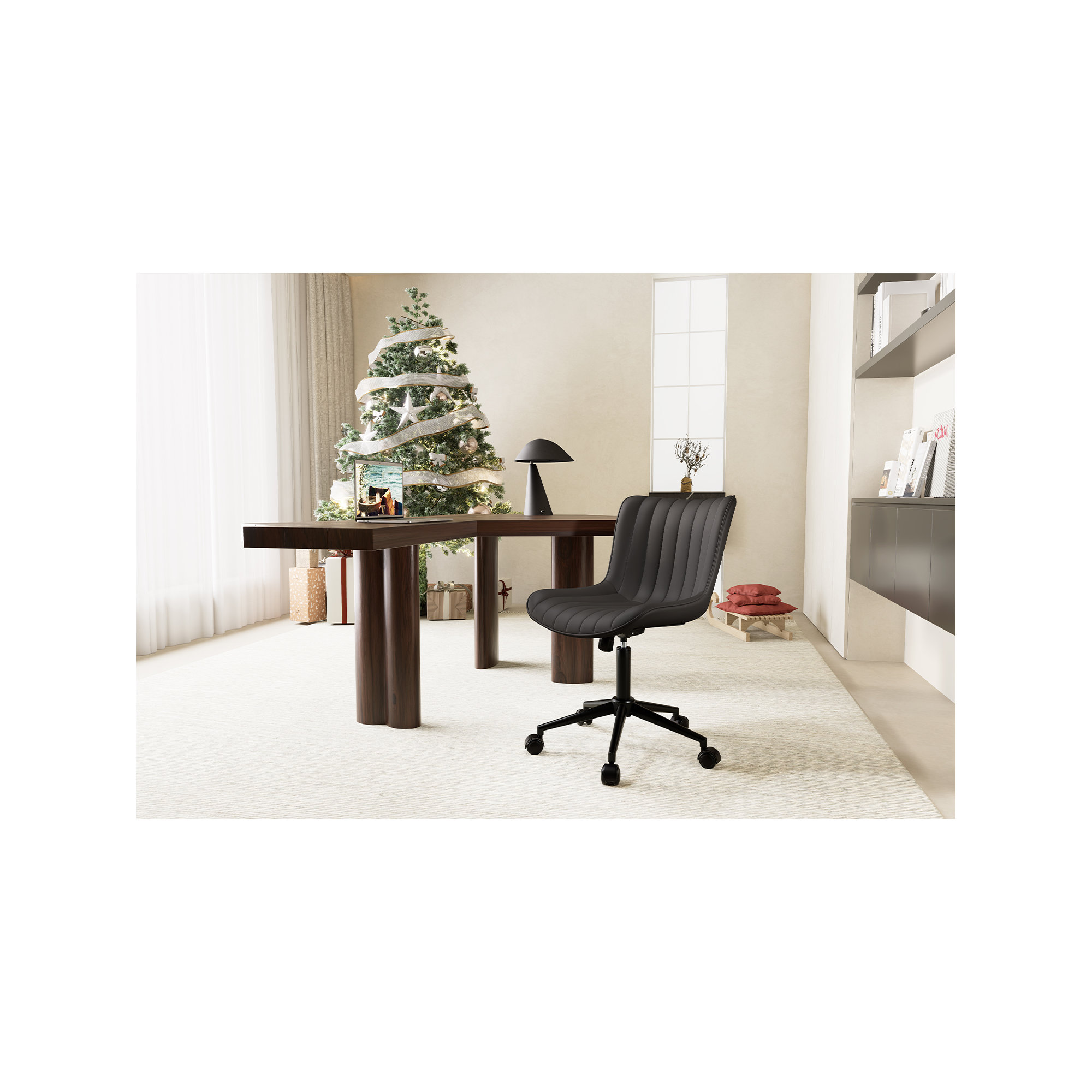 Brionni Genuine Leather Swivel Task Chair with Casters, Black, Black
