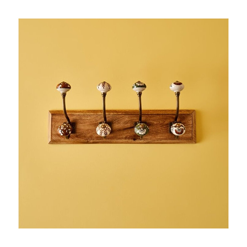 Ivana 4 Hook Mango Wood Wall Rack With Ceramic Knobs