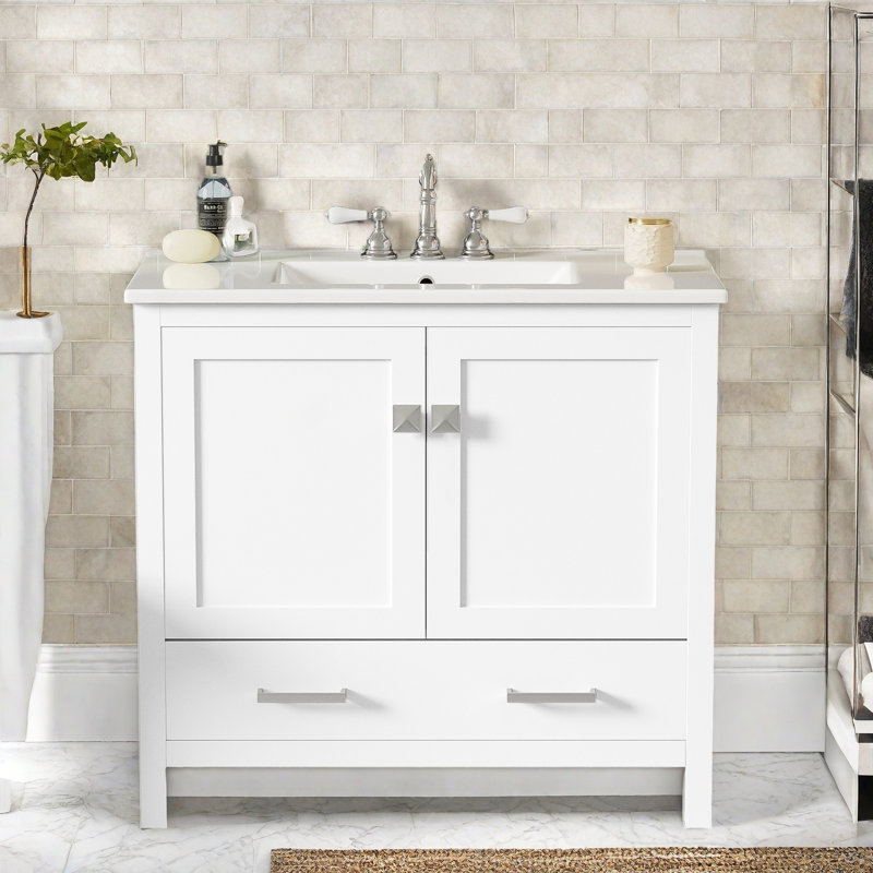 Meuble-lavabo 36 po avec lavabo et rangement en céramique, Blanc