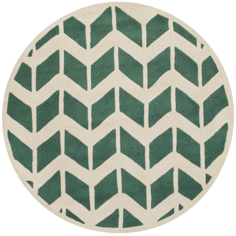 Tapis vert / ivoire en laine touffeté à la main Sanaz, Rond 5 pi