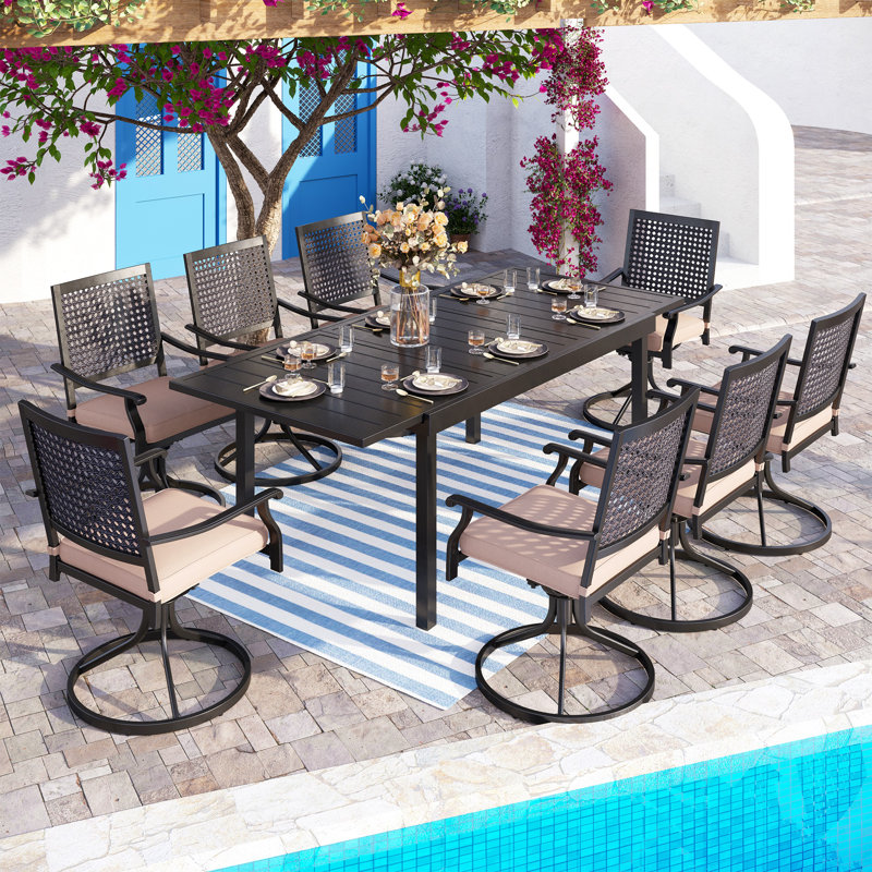 Ensemble repas d'extérieur avec chaises pivotantes et table extensible 9 pièces Salem