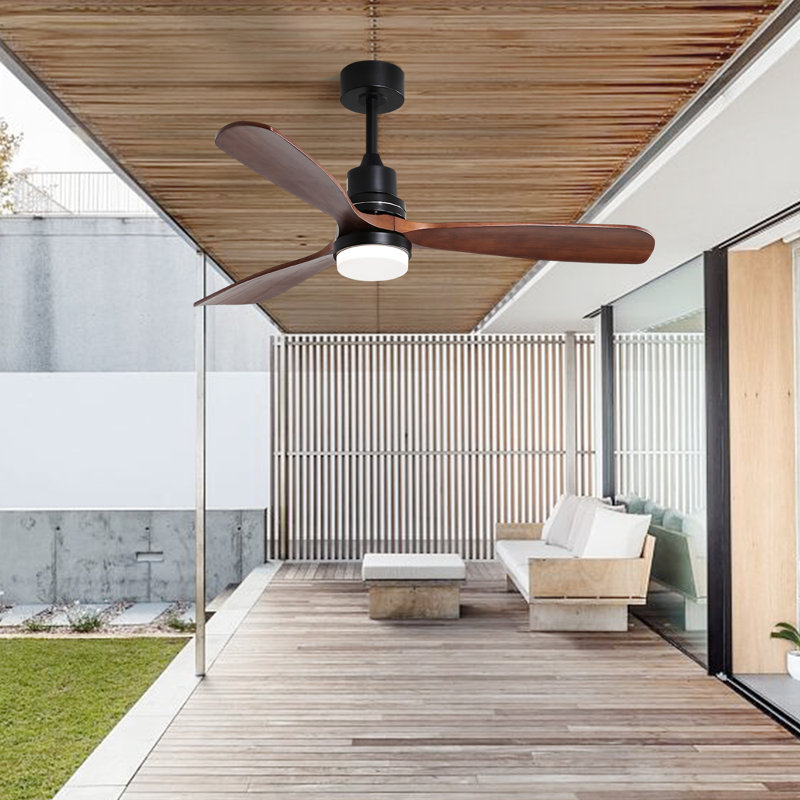 Kemp 52" 3 - Blade LED Modern Classic Ceiling Fan with Remote Control and Light Kit Included, Matte Black with Brown Blades