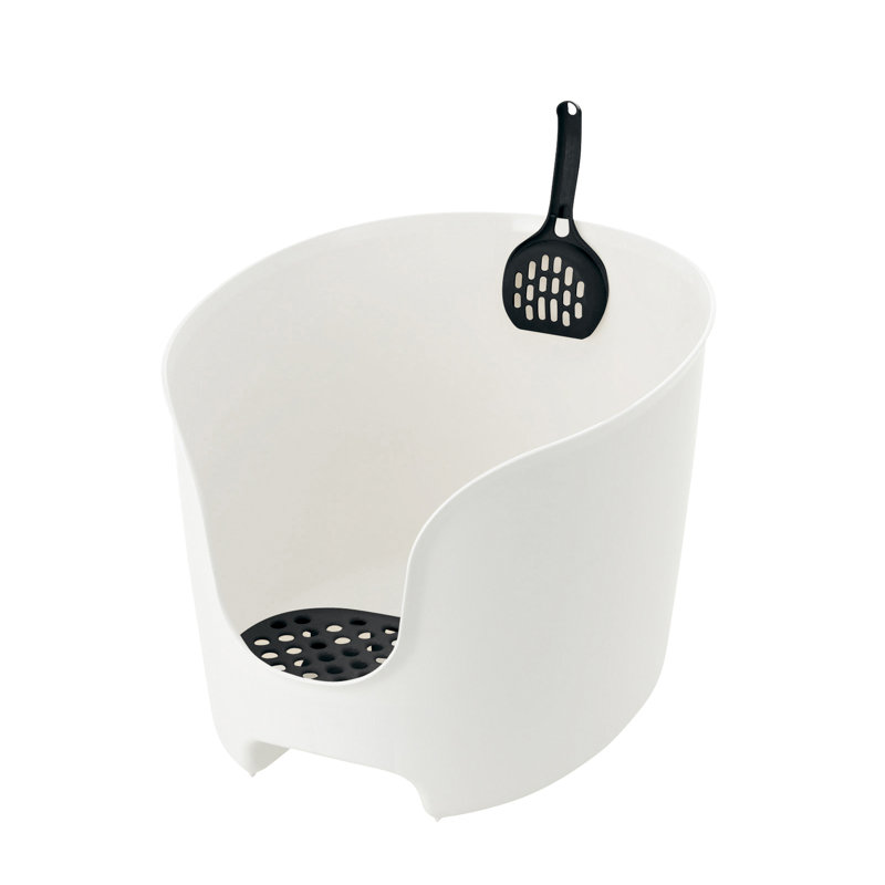 High Wall White and Black Plastic Cat Litter Box with Scoop
