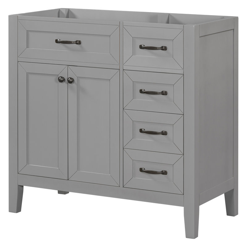 Base d'armoire de salle de bain grise de 36 po. Meuble-lavabo moderne avec espace de tiroir. Bois massif et autoportant. Assemblage requis