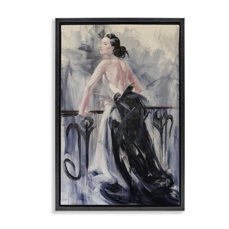 Cadre flottant femme élégante contre une balustrade, design par Lucille Lee, H 31 po x l 21 po, Cadre flottant noir de jais