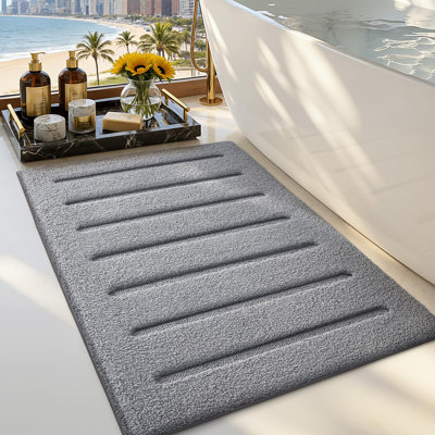 Tapis de salle de bain antidérapants, tapis de bain doux et absorbant, tapis de douche moelleux lavable, style à rayures de luxe minimaliste, idéal pour le plancher, baignoire de douche, entrée, 24 po x 36 po, gris