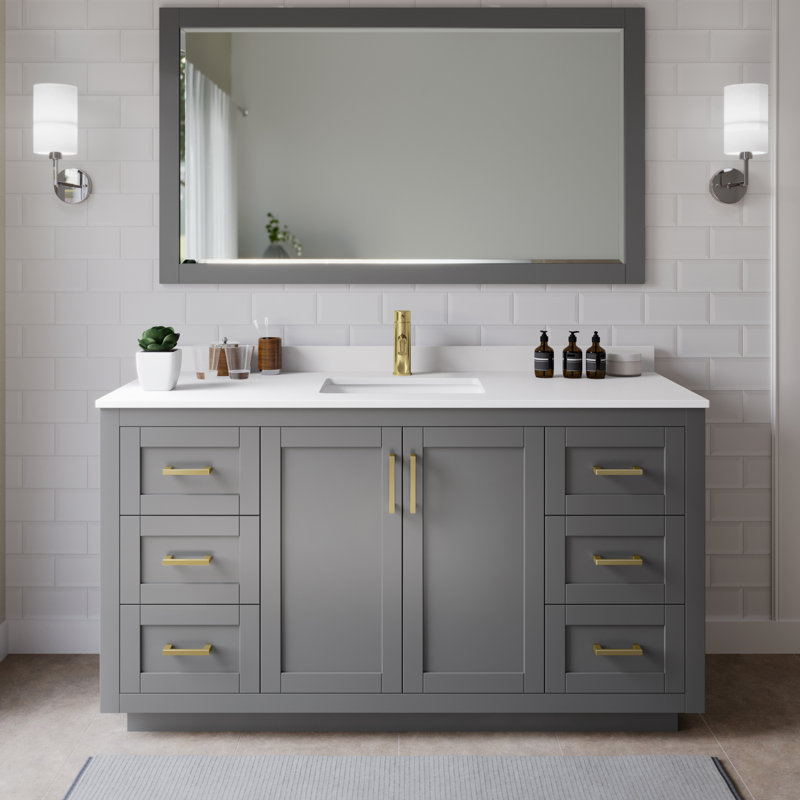 Miranda 66" Freestanding Single Bathroom Vanity with Cultured Marble Top, White Cultured Marble, Dark Gray, Gold
