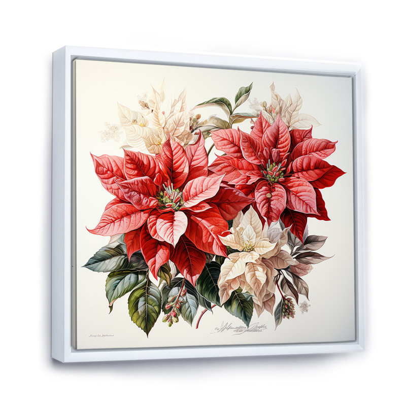 Charmant poinsettias sur toile, H 24 po x l 24 po x P 1 po, Cadre flottant blanc
