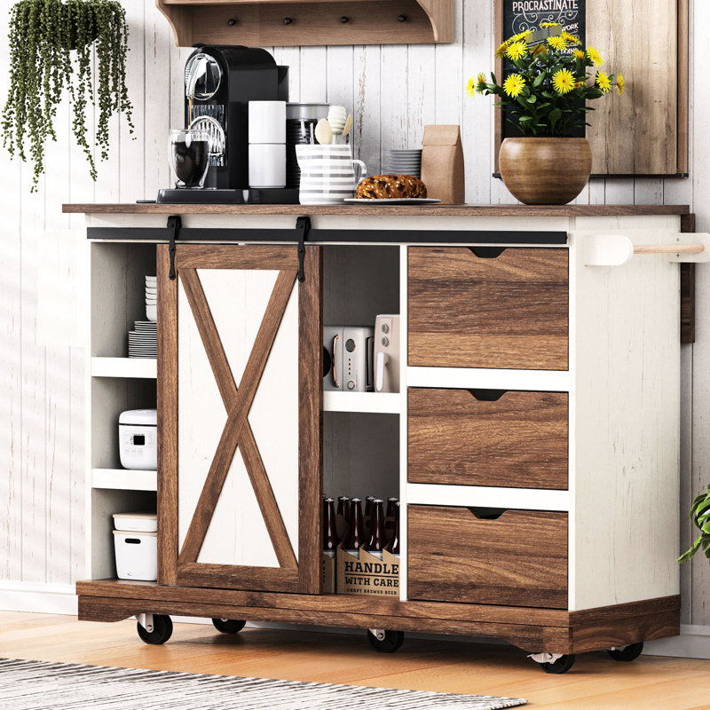 55.5 - Inch Kitchen Island With Drop Leaf, Sliding Barn Door, Adjustable Shelf, And Lockable Wheels For Dining Room Use Decor Convenience