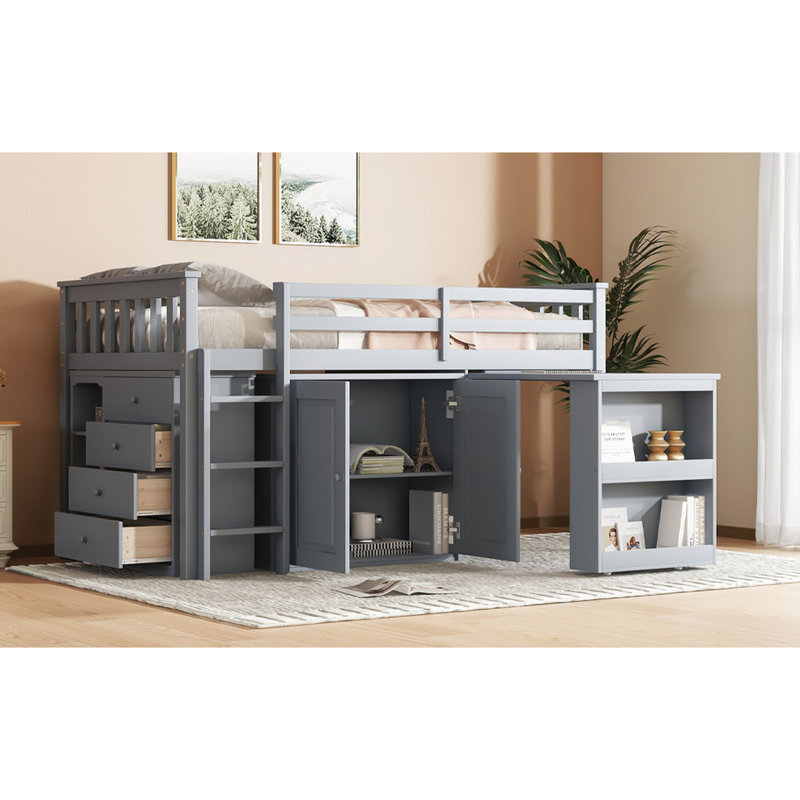Lit mezzanine simple avec espace de rangement et bureau en bois d'hévéa gris, Gris