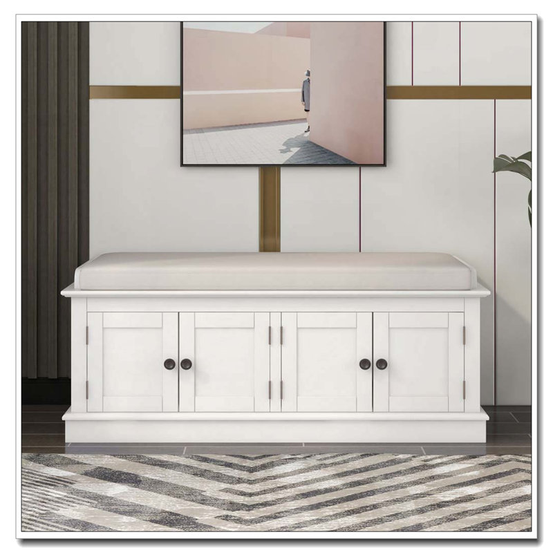 Banc de rangement avec 4 portes, tablettes réglables et coussin amovible, Blanc