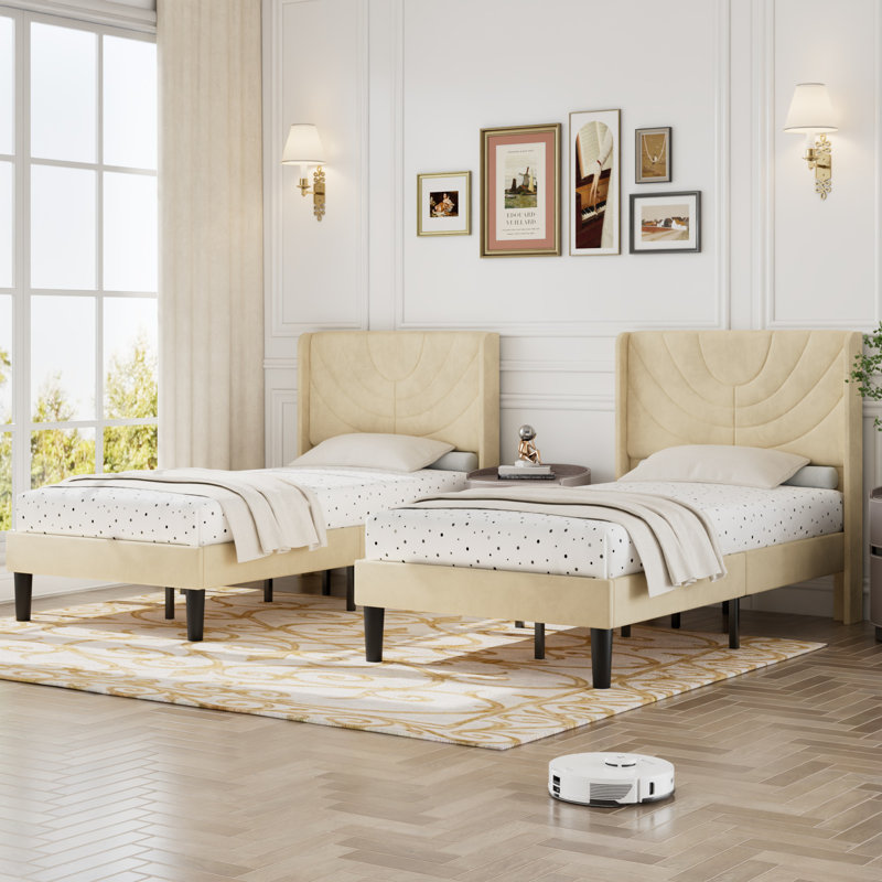 Rehnuma Twin Bed Upholstered Platform with Headboard and Strong Wooden Slats, Beige