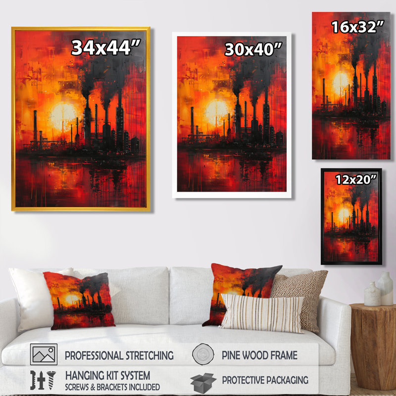 «Red Orange Industrial Industrial Landscape I - Factories», reproduction d'art murale, Toile avec cadre flottant brun