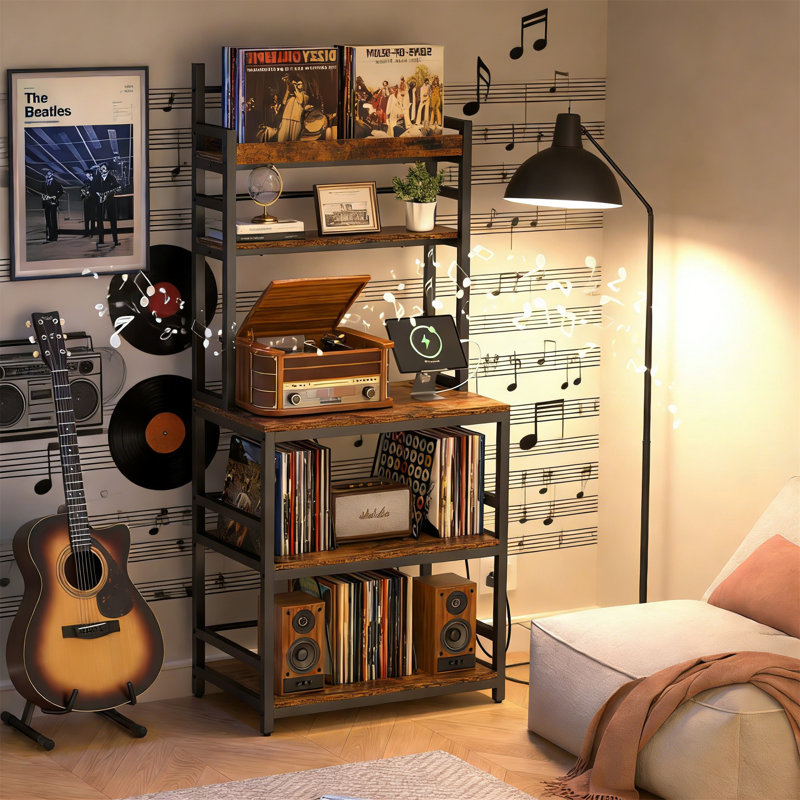 Large Record Player Stand With Vinyl Storage, Holds 500+ Albums, Charging Station, CD/DVD Rack, For Living Room, Bedroom