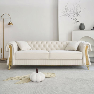 Canapé de salon rembourré en tissu de velours capitonné de 89 po de largeur 89 po avec deux coussins de siège et deux coussins décoratifs