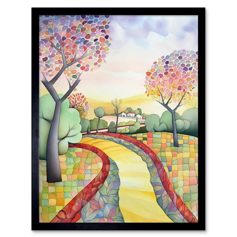 Countryside Path In Autumn Folk Art Landscape Pastel Watercolour Painting Art Print Framed Poster Wall Decor 12x16 inch