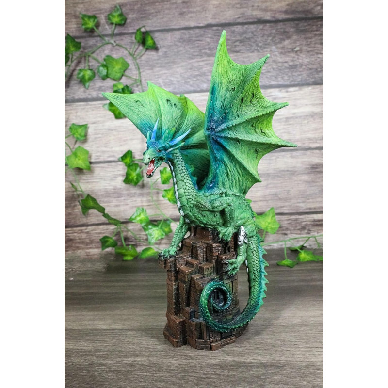 Green Terra Wyvern Monarch Dragon Perching On Medieval Castle Tower Figurine