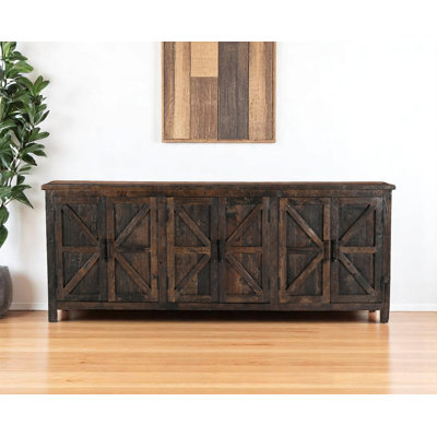 84" Dark Brown Distressed Reclaimed Wood Panelled Sideboard with Six Doors