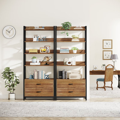 Vasilija 4-Tier Open Bookshelf Bookcase with Drawers for Study Living Room