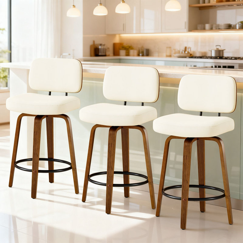27" Set of 3 Swivel Faux Leather Counter Height Bar Stools with Backrest,Cream White, Cream/White, 3