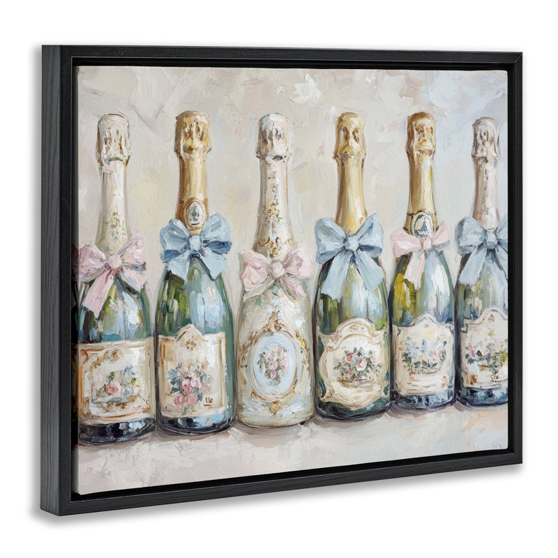 Cadre flottant Victorian Bow Champagne Bottles, design par Petal Prints Design, Cadre flottant noir de jais