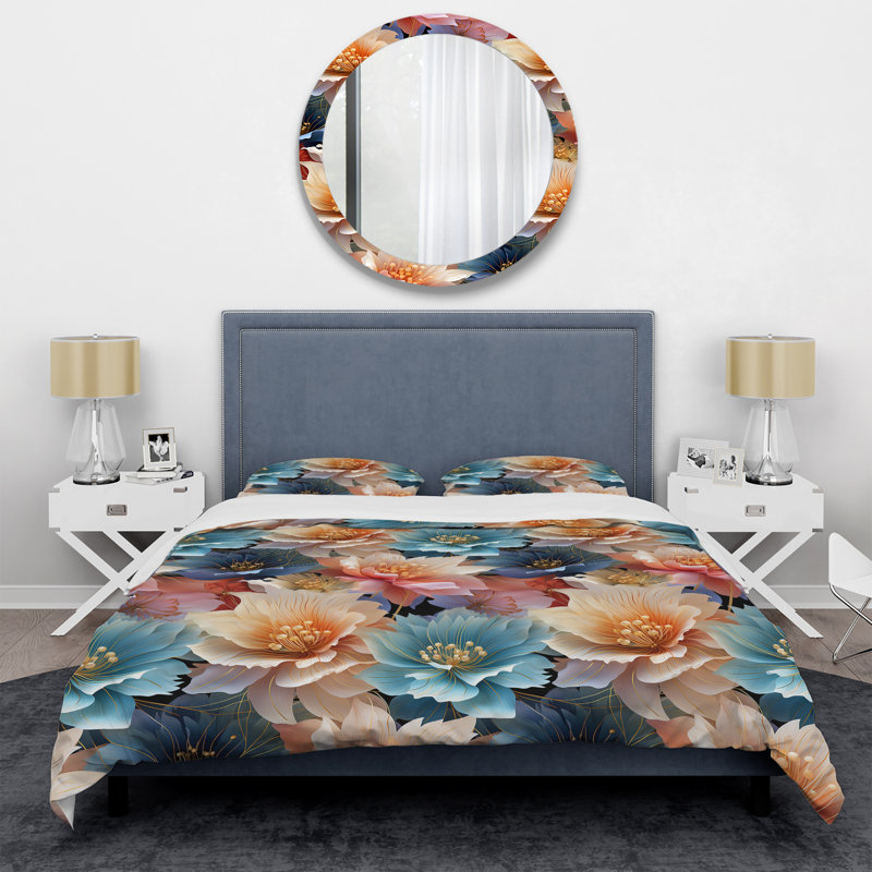Bleu et beige métallique II - ensemble de housse de couette floral - microfibre de polyester
