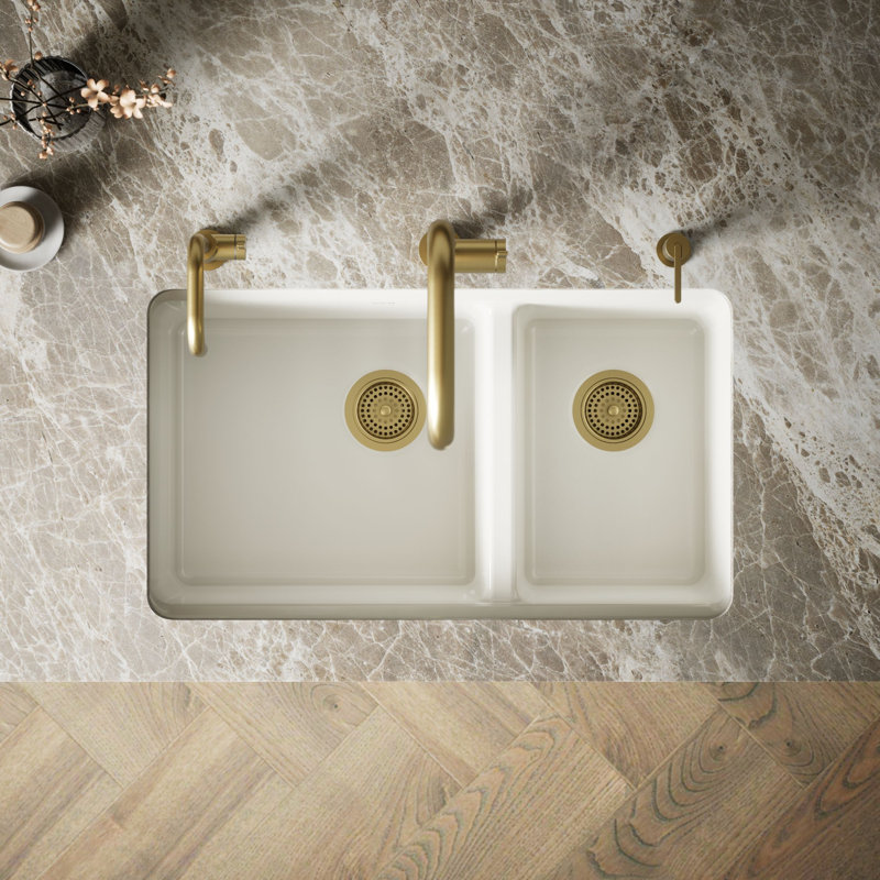 Riverby 33" x 22" x 9.625" Under-Mount Double-Equal Kitchen Sink with Accessories and 5 Oversized Faucet Holes, Biscuit