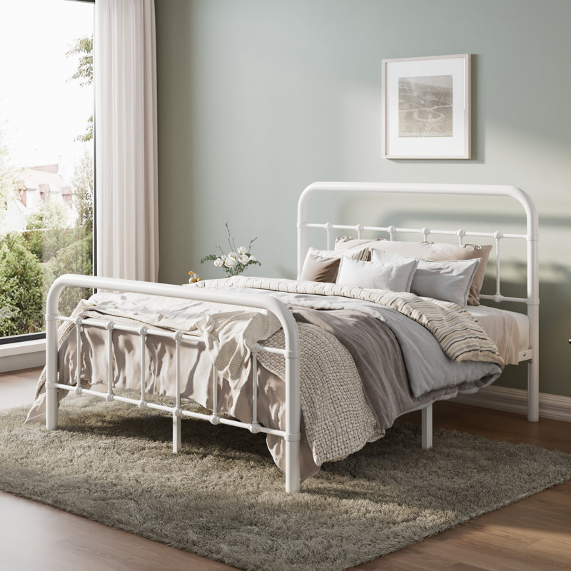 Kawamoto Metal Platform Bed Frame with Elegant Modern Design, Full, White