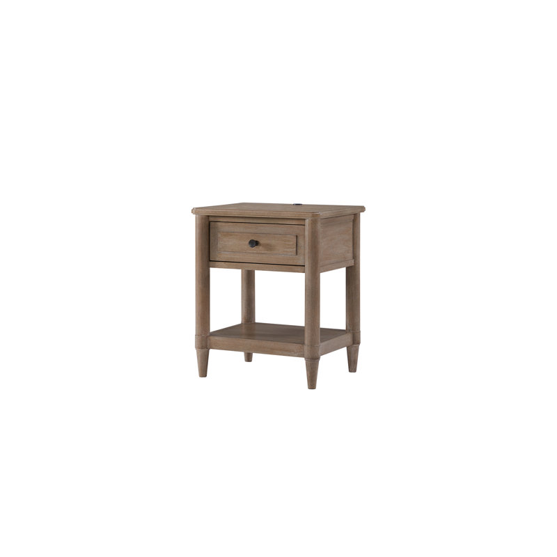 Table de chevet en placage avec finition sable, charge pour les gadgets, tiroir et tablette ouverte, petit ton profond de 22 po, ports de chargement, rangement, profondeur