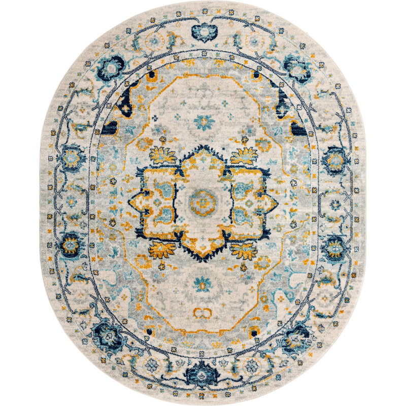 Tapis gris en polypropylène tissé à la machine Ikat, Ovale 7 pi 10 po x 10 pi