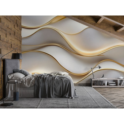 Murale de luxe à vagues dorées - Papier peint décoratif 3D moderne et élégant