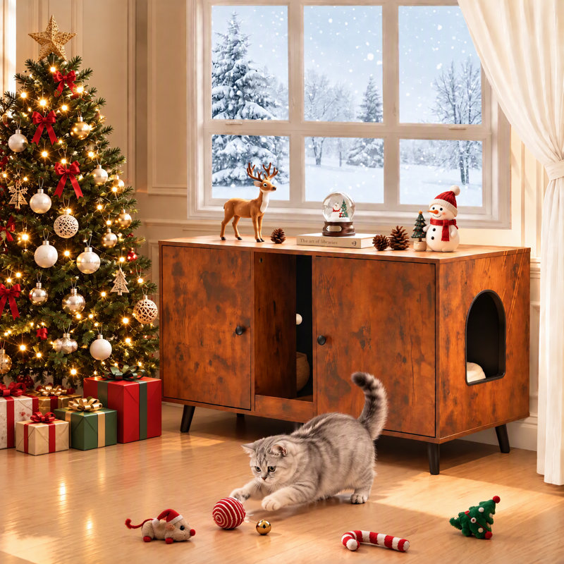 Corvese 42.5" W Manufactured Wood Double Cat Litter Box Enclosure with Scratching Pad, Rustic Brown