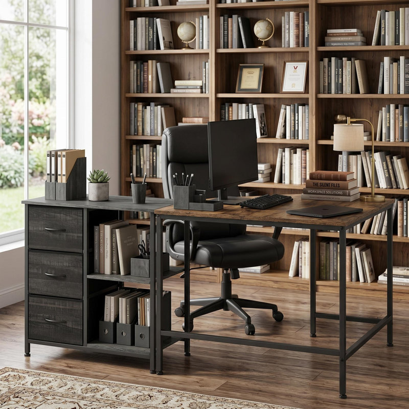 Classeur 3 tiroirs avec 2 tablettes de rangement ouvertes pour le bureau personnel, Black