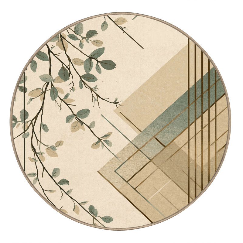 Tapis géométrique beige lavable à la machine Orlandra Eucalyptus, Rond 8 pi