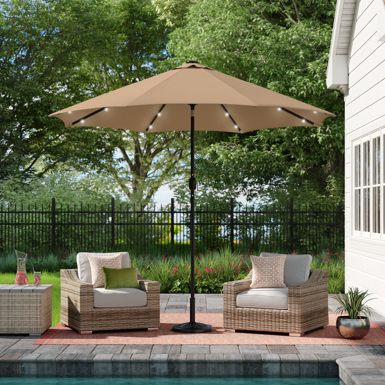 9 ft rectangular solar powered patio umbrella JOYESERY 6 ft. x 9 ft. Rectangular Market Umbrella Solar LED with Tilt  Function Patio Market Umbrella in Taupe J-MK-310TP-LED