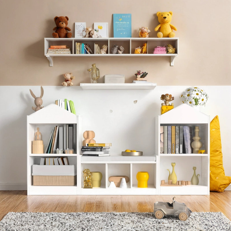 White Wooden Kids Bookshelf with Reading Nook and Storage Cubbies