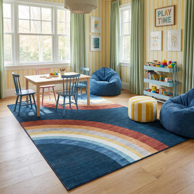 Tapis pour enfant arc-en-ciel bleu marine / rouge 7 pi x 10 pi (6 pi 7 po x 9 pi 6 po) Branch Marlow, tapis contemporain, à poils moyens et résistant aux taches