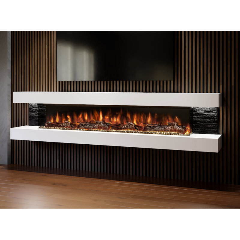 Vegas 96-Inch Wall Mounted Electric Fireplace | Fully Assembled | 3-Sided Panoramic Flame | Remote Control | LED Side Lights
