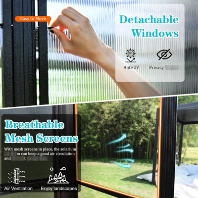 Solarium mural 10 po x 12 pi avec fenêtres amovibles, construction en aluminium, 2 portes coulissantes verrouillables pour terrasse de jardin