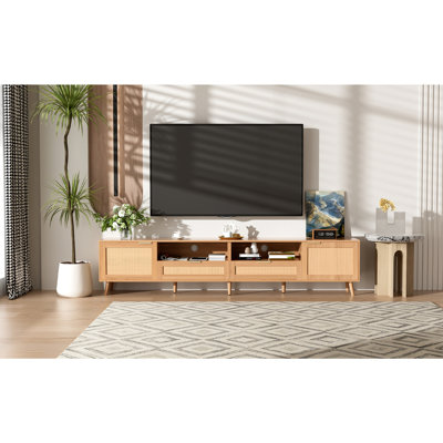 Meuble télé en rotin pour téléviseur de 90 po ou moins, console multimédia de style campagne moderne, centre de divertissement avec pieds en bois massif, meuble télé pour salon, chambre à coucher