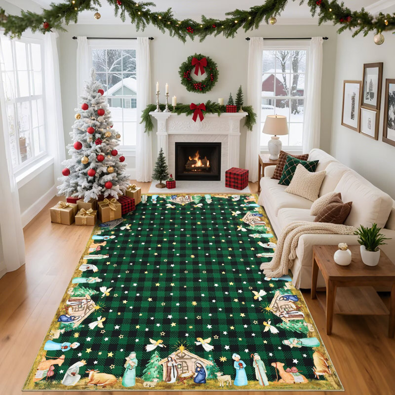 Christmas Area Rug Machine Washable Holiday Rug with Rubber Backing Non-Slip Low Pile Xmas Decorative Carpet, Stain-Resistant Merry Christmas Foldable Floor Covering