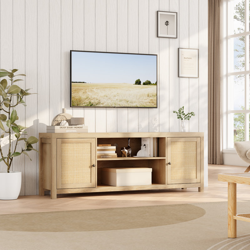 Meuble télé avec 2 armoires de rangement en rotin Boho, centre de divertissement pour téléviseur de 75 po ou moins Boho