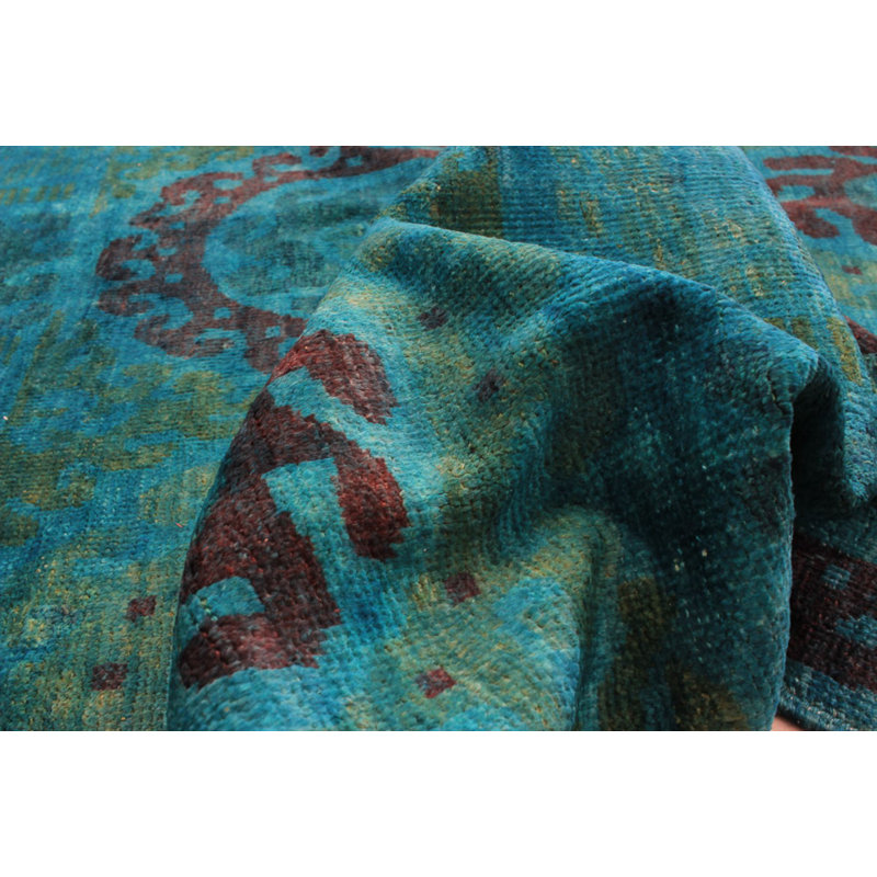 Tapis unique en laine noué à la main des années 2010 de 6 pi x 8 pi 9 po turquoise Quevon